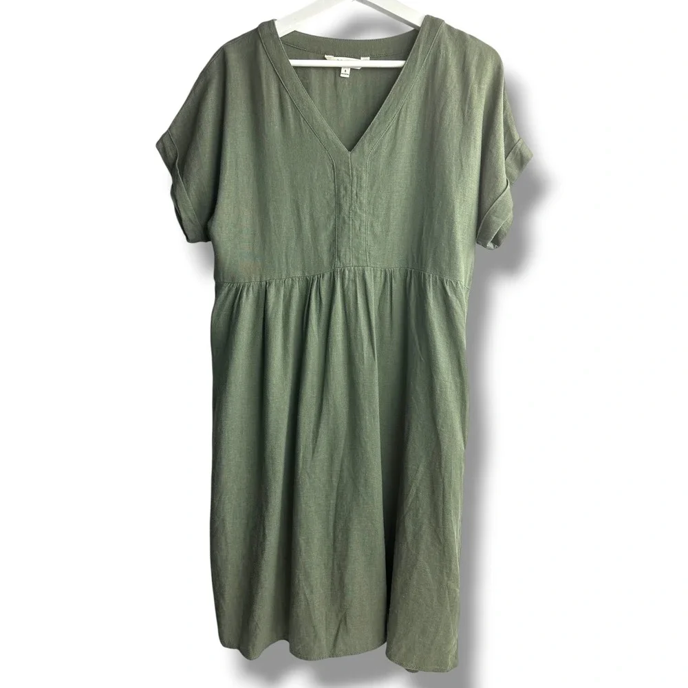 Briggs Linen Blend Dress Womens Small Olive Green V-Neck Cuffed Sleeve Pockets
